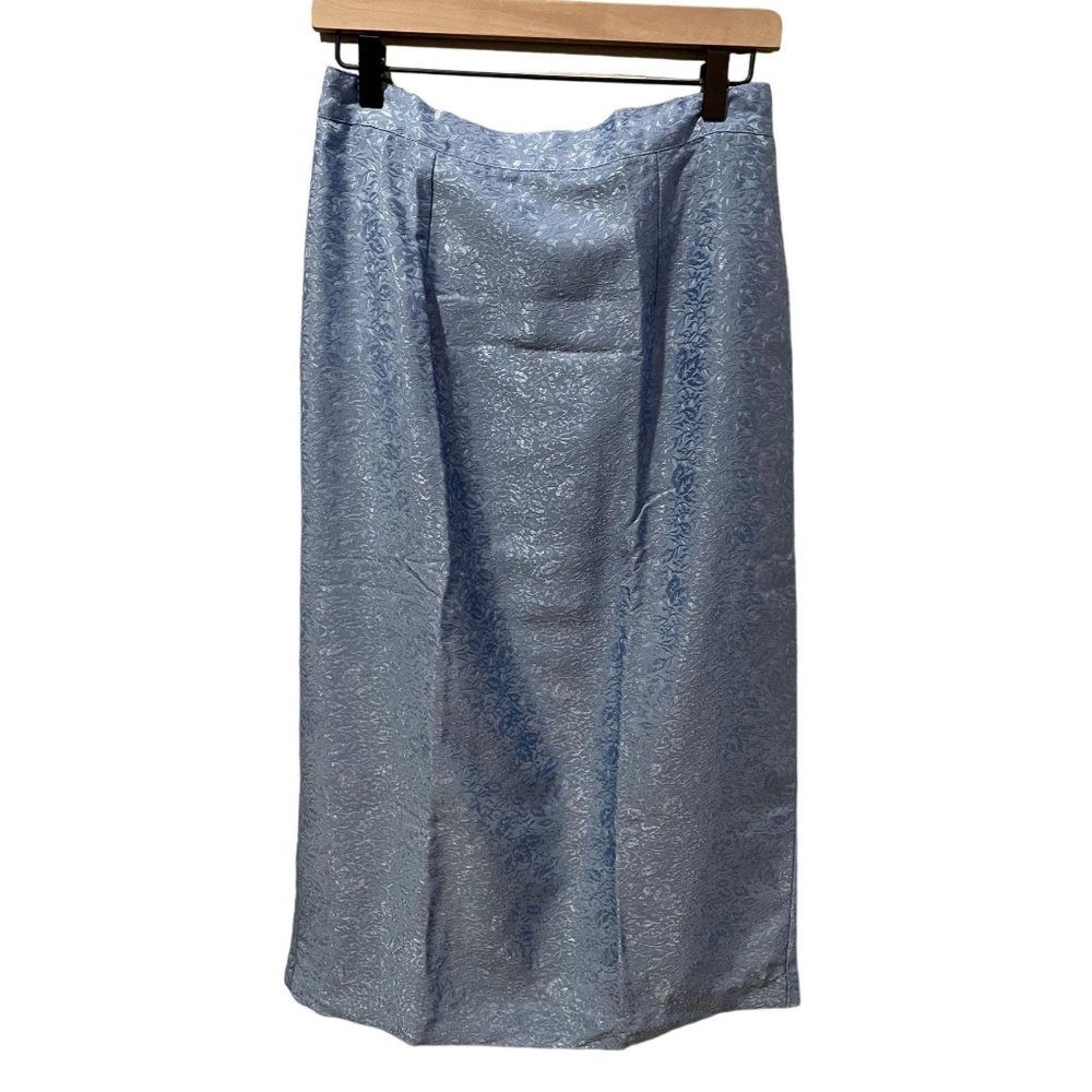 Sarah Elizabeth Petite Blue Floral Damask Midi Skirt Metallic Jacquard Pencil s1